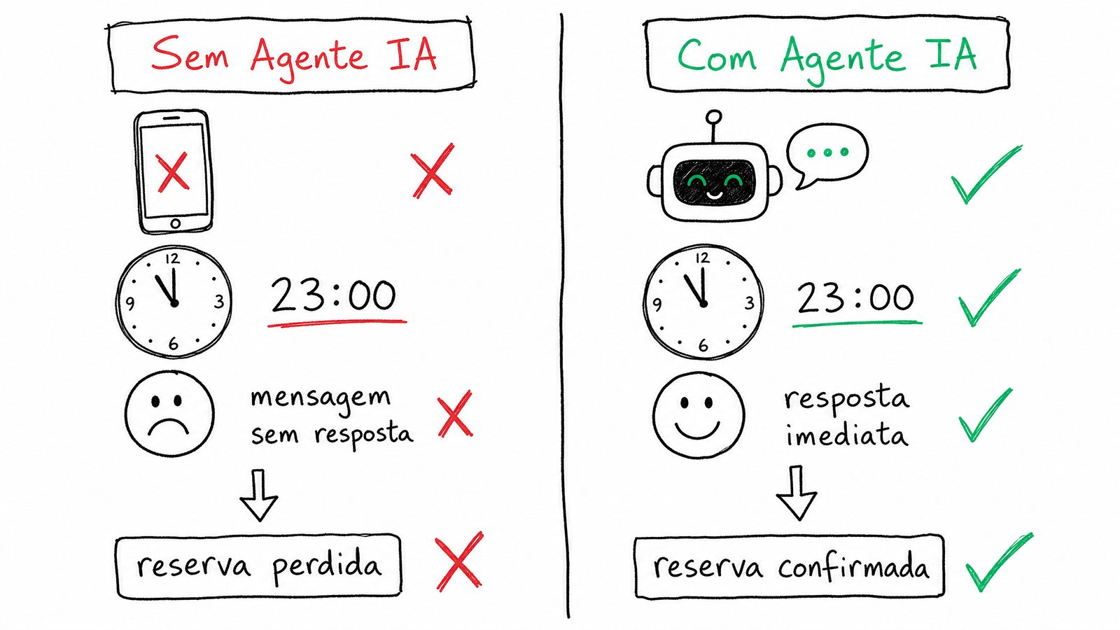 Diagrama comparativo: atendimento manual vs agente de IA em restaurantes - reservas perdidas vs confirmadas